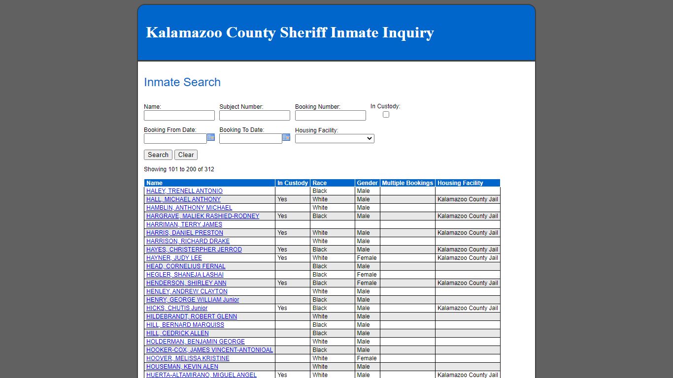 Inmate Search - Kalamazoo County County Consolidated Dispatch