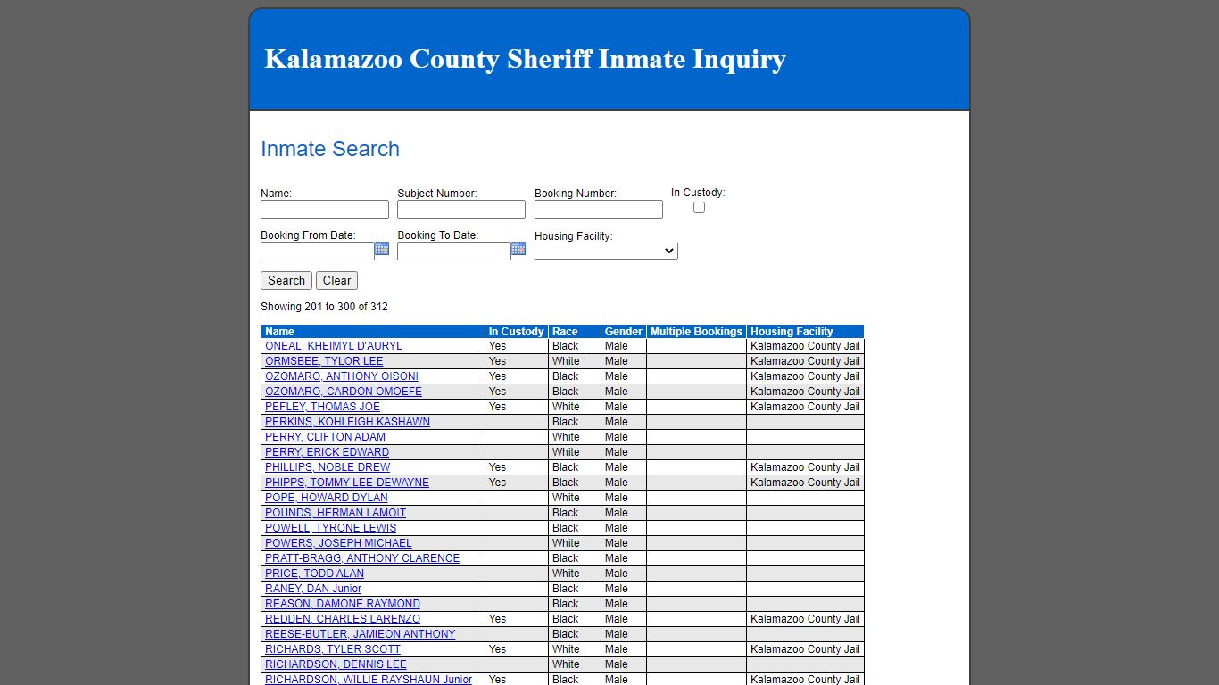 Inmate Search - Kalamazoo County County Consolidated Dispatch